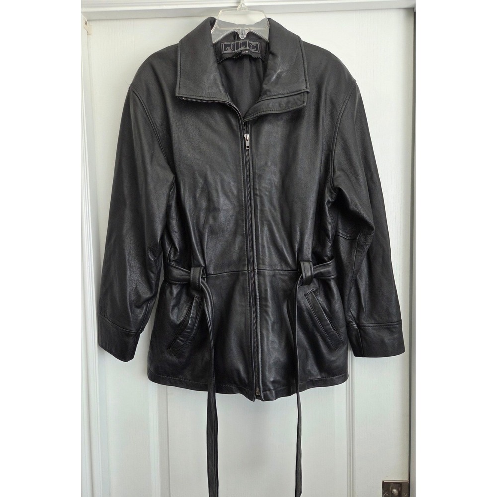 JLC Black Leather Mid Length Jacket Belted Zip Up‎ Sz M Vintage Biker Edgy